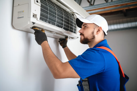 Air conditioning technician servicing a wall-mounted AC unit in Queen Creek, AZ