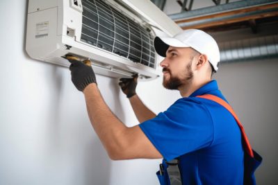 Air conditioning technician servicing a wall-mounted AC unit in Queen Creek, AZ