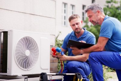 HVAC technicians reviewing an outdoor air conditioning unit in Queen Creek, AZ